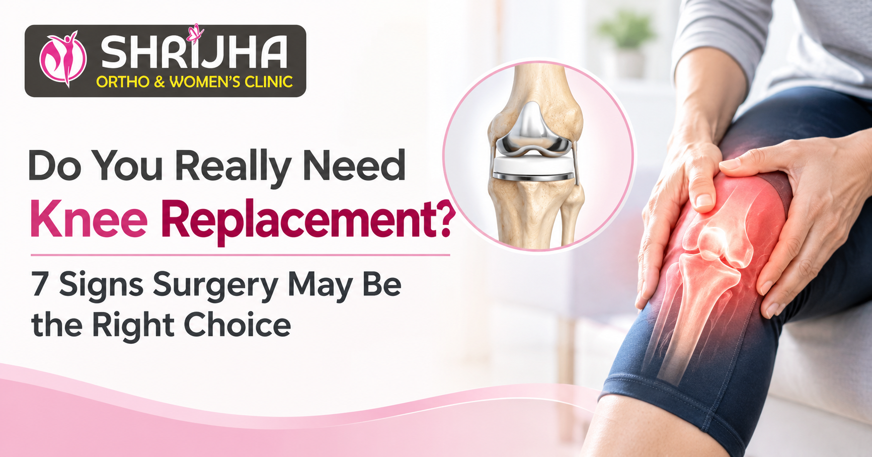 Person experiencing severe knee pain with an illustration of a knee replacement implant, highlighting signs that surgery may be needed.