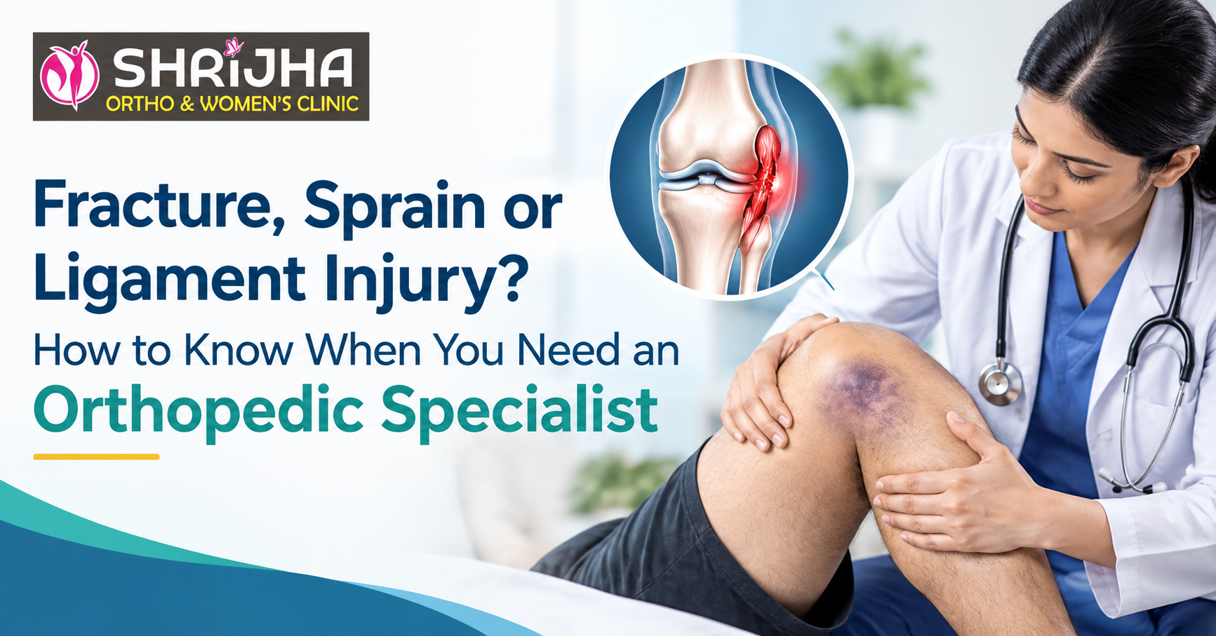 Medical awareness graphic showing a doctor examining a swollen and bruised knee with an illustration of a ligament injury, explaining when an orthopedic specialist may be needed.
